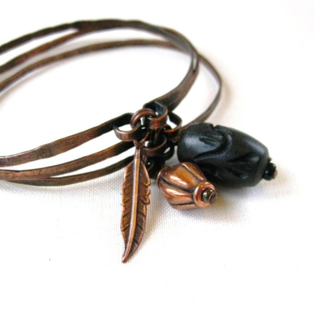 Copper Dangle Charm Bangle Bracelet Set Antique Copper Feather Black Carved Wood